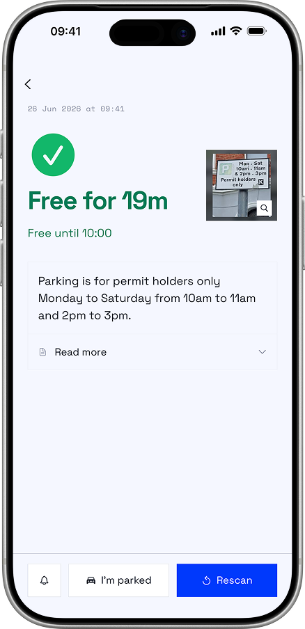Kerbnow showing a free-to-park result with a live countdown