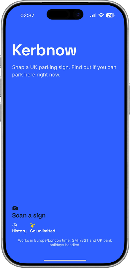 Kerbnow app reading a parking sign and showing a verdict on screen